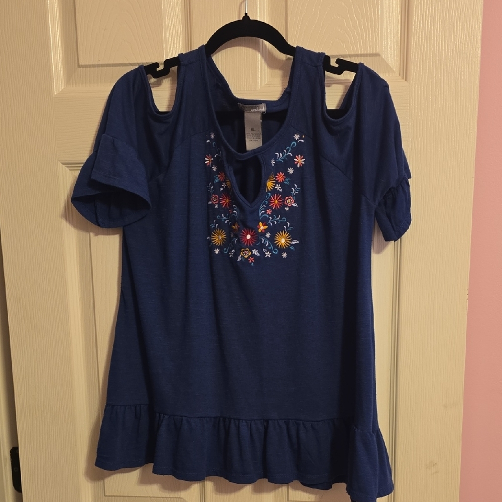 New Directions Blue Blouse with Floral Embroidery